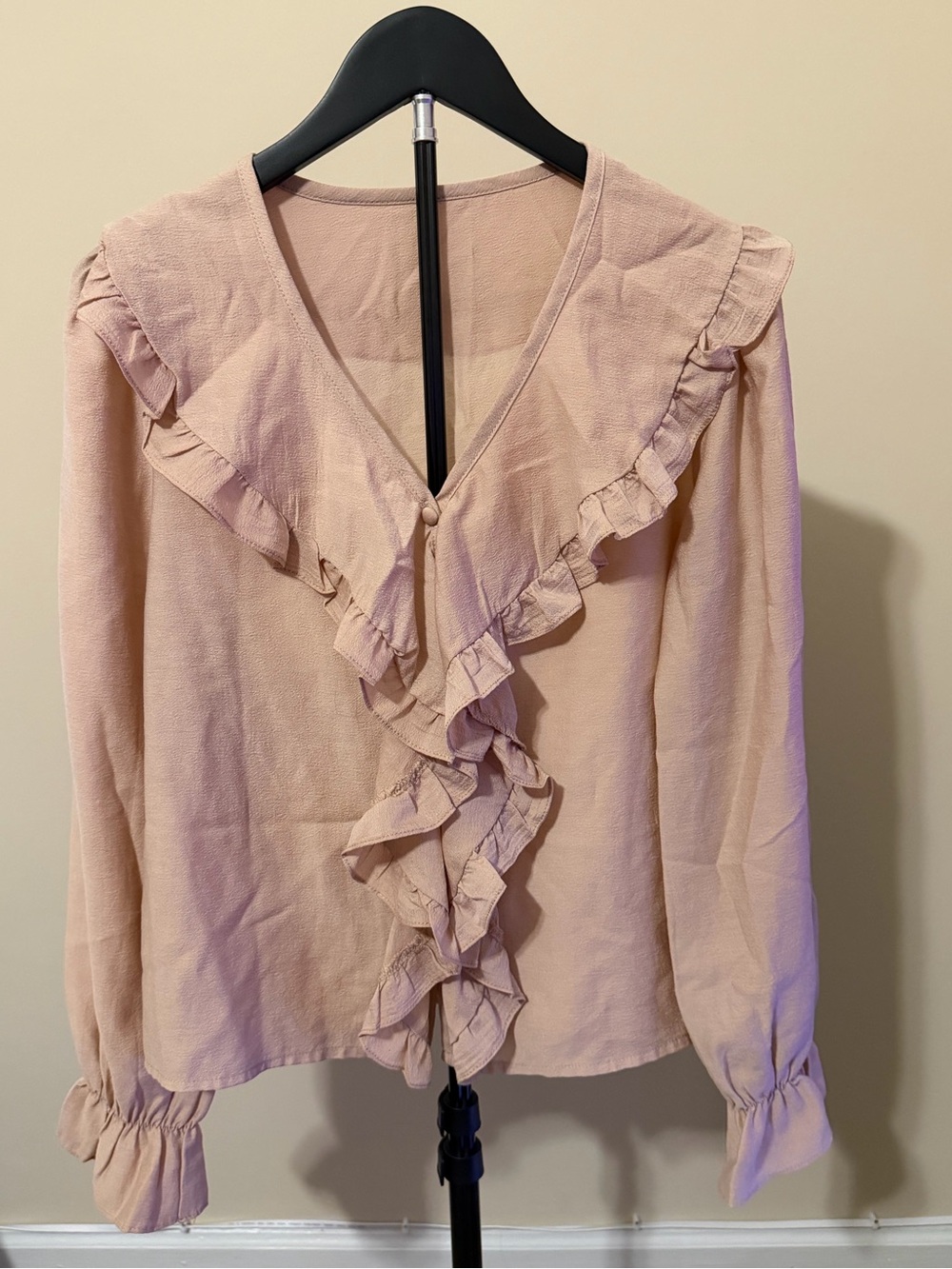 Ruffle Front V-Neck Long Sleeve Top - Blush Pink